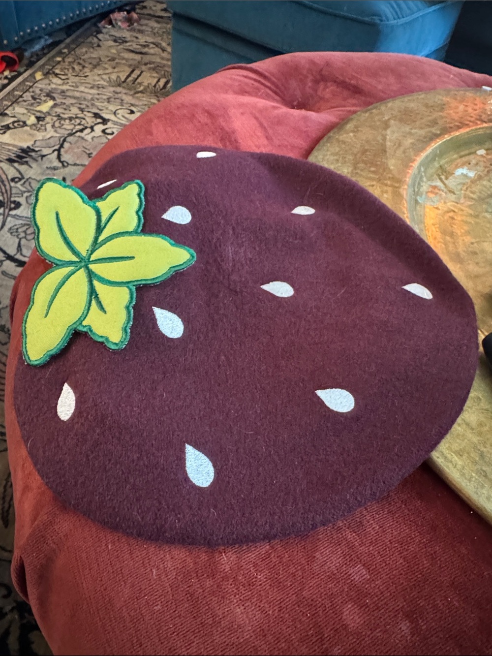 Artisan Burgundy Strawberry-Style Beret with Lime Leaf Accent